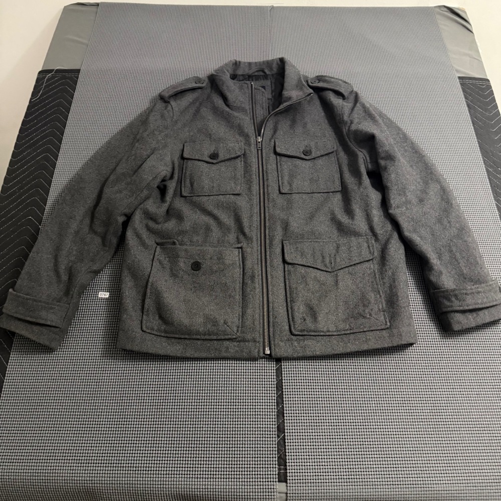 Gap‎ Mens Wool Blend Military Field Jacket Charcoal Gray Full Zip Epaulettes L